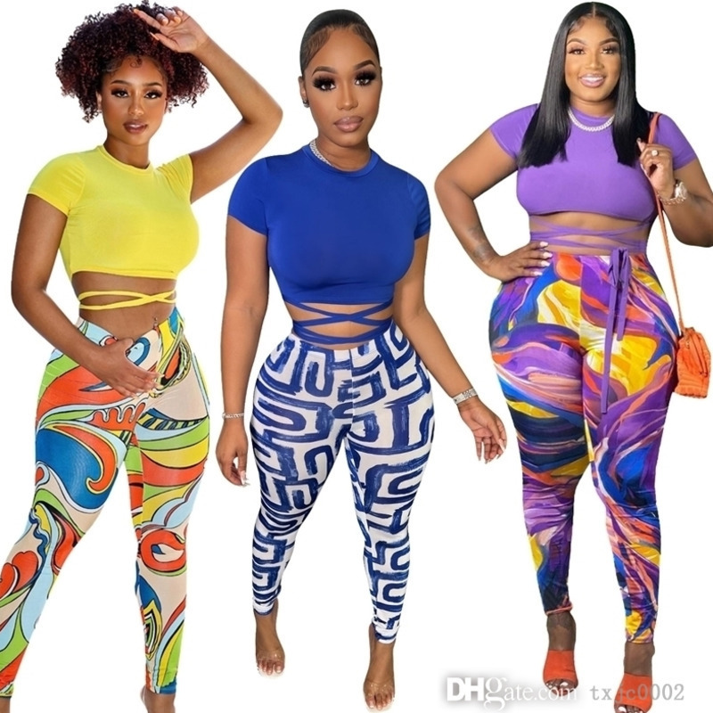 Summer Womens Printed Pants Set Designer T Shirt Bandage Hollow Out Leggings Two Piece Tracksuits Ladies Matching Sets