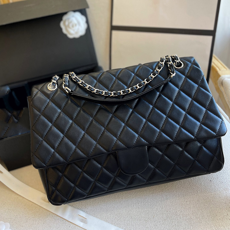 

Womens Maxi Designer Classic Flap Quilted Bags Diamond Lattice/Chevron line Silver Metal Hardware Matelasse Chain Crossbody Travel Large Handbags 35CM, Box