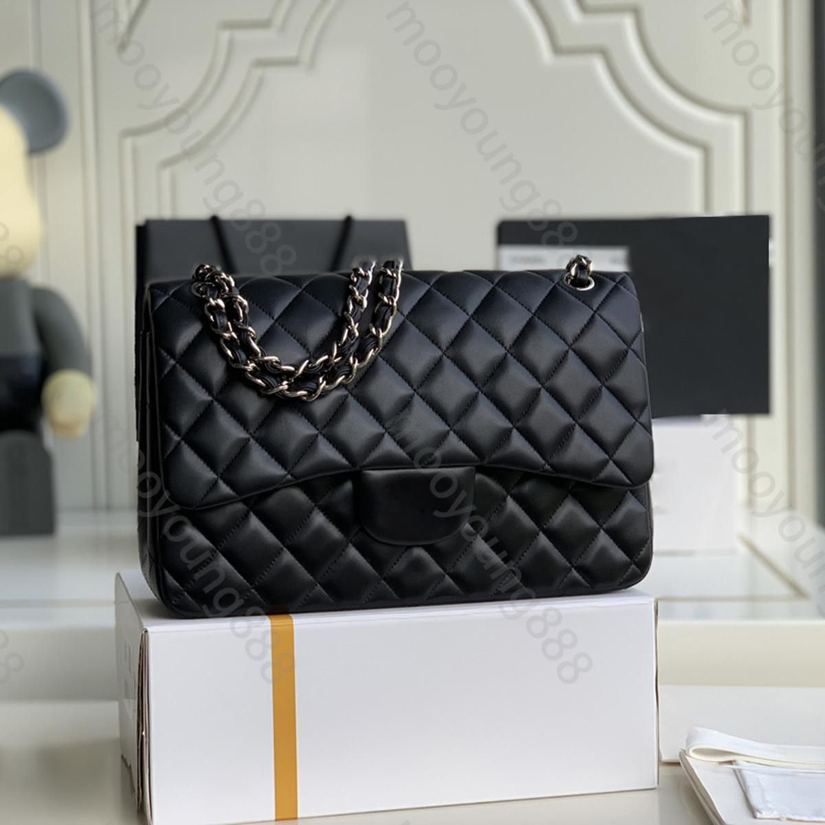 

10A Top Tier Quality Jumbo Double Flap Bag Luxury Designer 30CM Real Leather Caviar Lambskin Classic All Black Purse Quilted Handbag Shoulder Gold Bag Wallet Chain, Carton