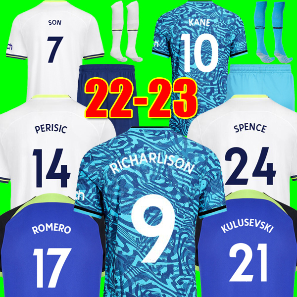 

KANE SON 22 23 RICHARLISON Soccer Jerseys KULUSEVSKI HOJBJERG SPENCE PERISIC DIER 2022 2023 LUCAS ROMERO Tottenham Football kit shirt SPURS Third tops Men kids sets, 22-23 home patch