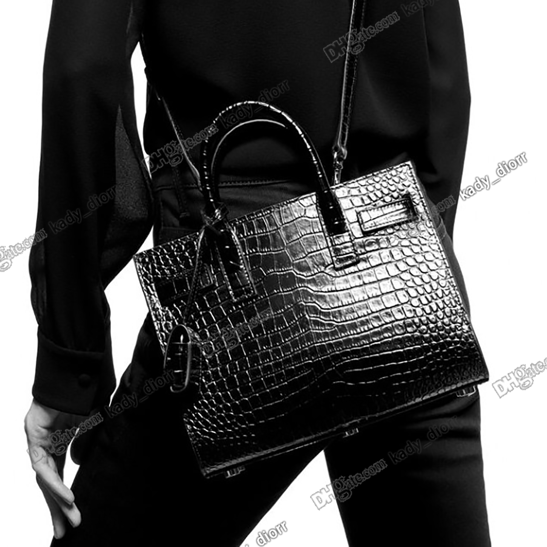 

Sac De Jour Nano Bags Embossed Crocodile Shiny Leather Designer Luxury Tubular Handles Accordion Sides Compression Straps Tabs Removable Shoulder Strap Purses, Customize