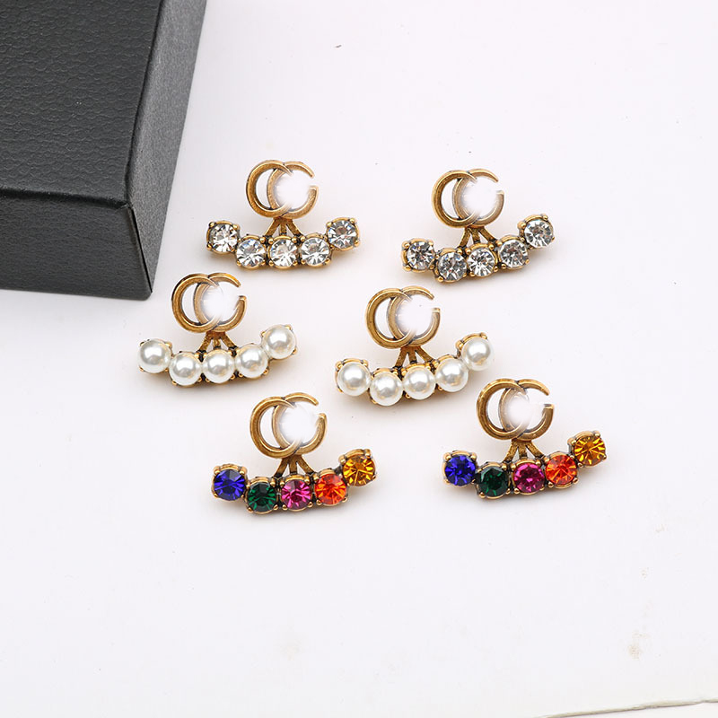 

Classic Letter Stud 18K Gold Plated Luxury Brand Designers Geometric 925 Silver Famous Women Double Colorful Crystal Rhinestone Earrings Wedding Party Jewerlry