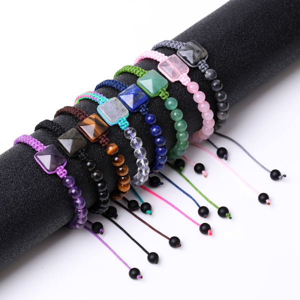 

Yoga Chakra Natural Stone Beaded Bracelet Strand Pyramid Charm Braided Bracelets Tiger Eye Green Aventurine Rose Quartz Amethyst Semi-precious Stone Jewelry