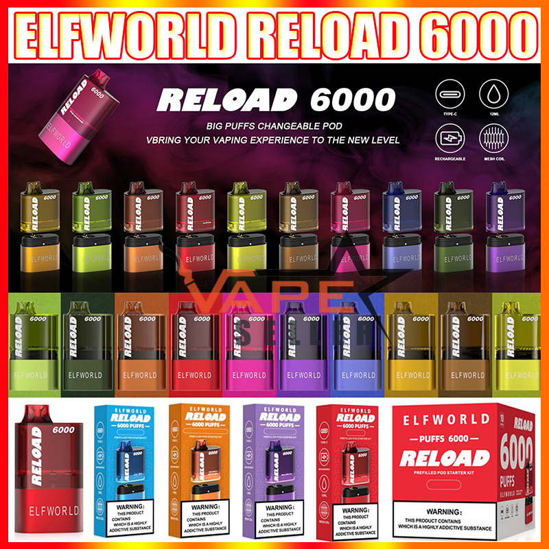 

Original Disposable Vape Pod E Cigarette Elfworld Reload 6000 Puffs With Changeable Pods Rechargeable 650mAh Battery Prefilled 12ml Carts Puff Bar Pen Kit VS Lowit