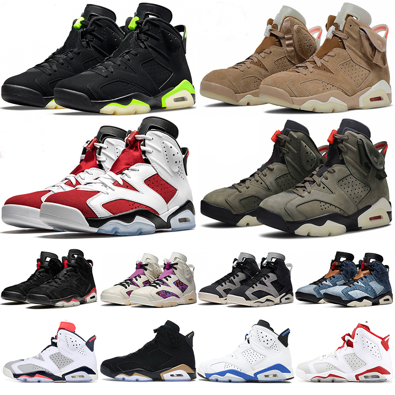 

UNC electric green Jumpman 6s 6 Basketball Shoes British Khaki Carmine Floral Olive Tech Chrome Varsity Red Black Cat Outdoor trainer, Washed denim