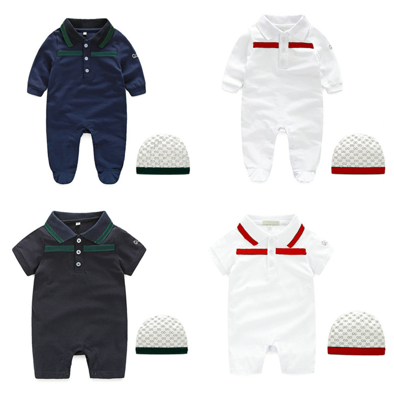 

1-2 years baby Rompers boy girl kids designer letter stripe 100%cotton Newborn Long sleeve short sleeves jumpsuits hat 2 piece set G00001, Blue short sleeve