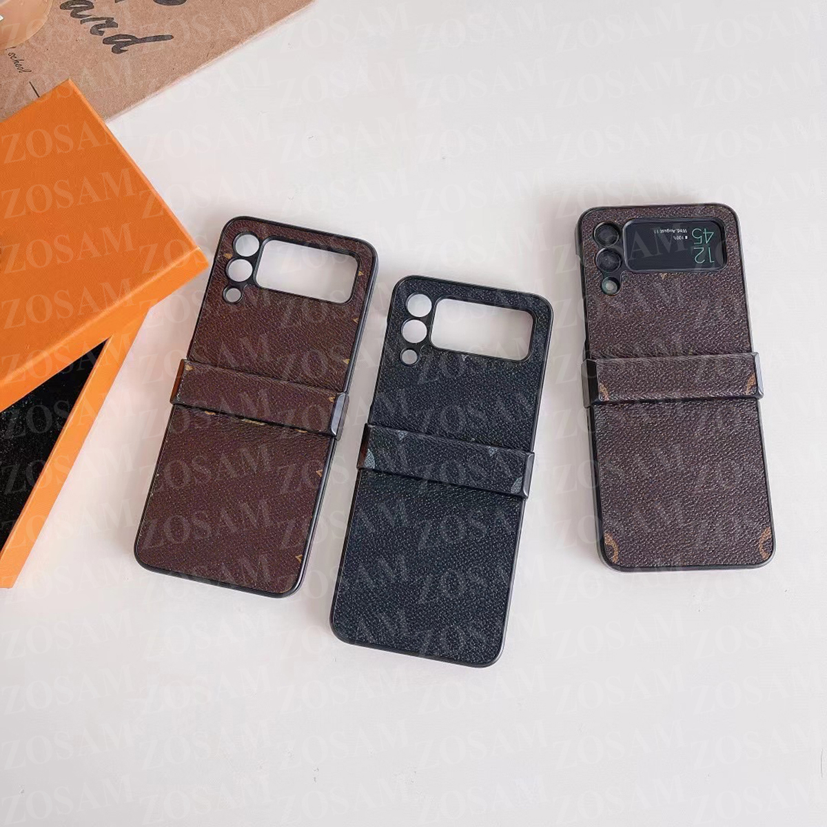 

Retro Luxury Design Phone Cases for Samsung Z Flip 3 4 Leather Flower Print Case Fold Screen Z Flip3 Flip4 Protection Cover Fashion shell, #3 small brown flower