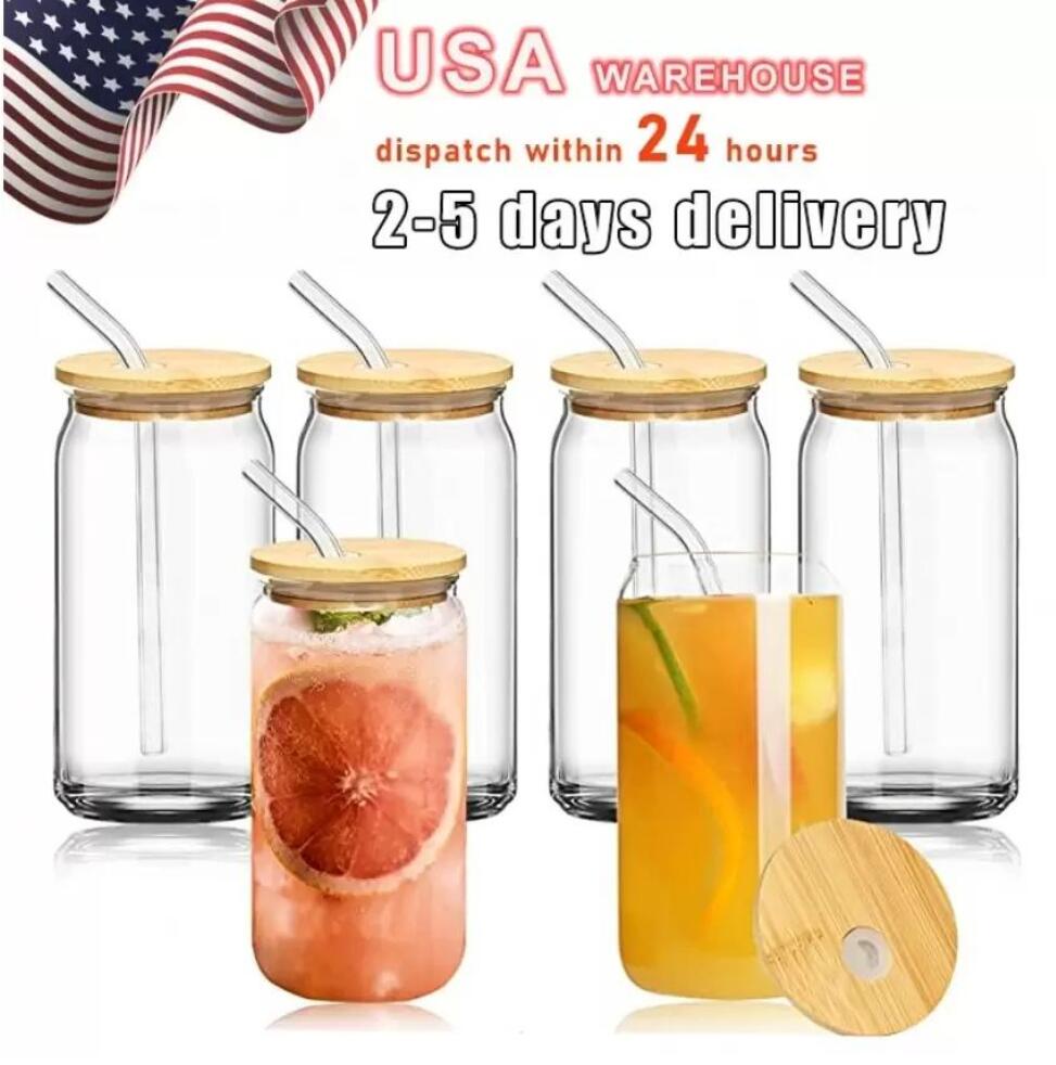 

US warehouse 12oz 16oz Sublimation Glass Beer Mugs with Bamboo Lid Straw GC0923, Clear