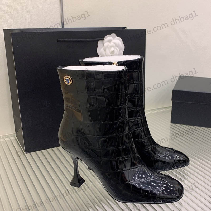 

Winter Womens Ankle Boots Crocodile Skin Metal Quilted Texture Stiletto Heels 9cm Classic Black Gold Chelsea Boot Rainboots Breathable Real Leather Retro Booties, Shoes box
