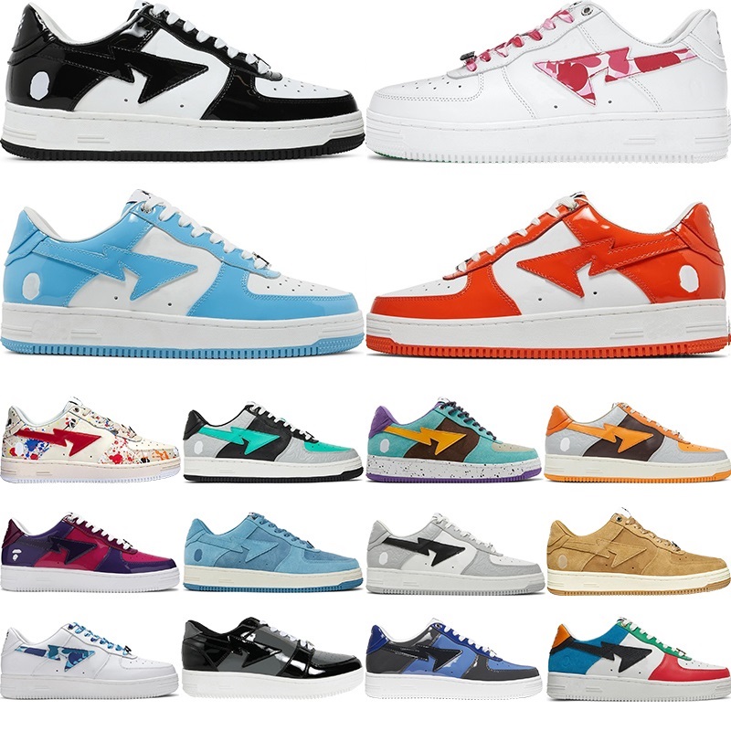 

Bapestar Sta Low Shoes For Men Women Flat Sneaker Plate-forme ABC Camo Pink Black White Sax Grey Leather Patent Runners Casual Sneakers Platform Trainers, 16