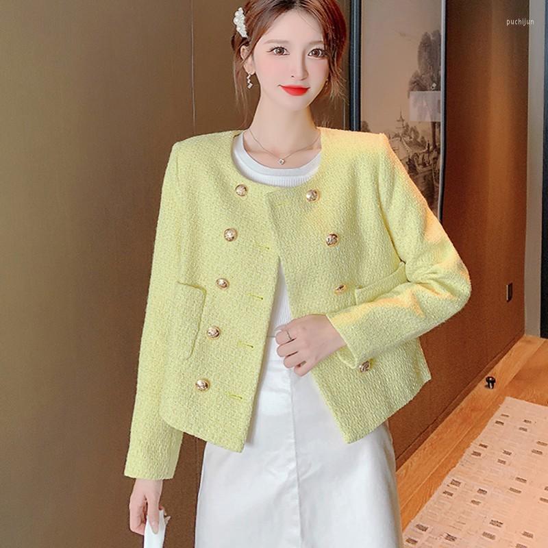 Women's Jackets Women's Runway Fall Winter French Retro Double Breasted Yellow Tweed Jacket Sweet Elegant Coats Female Outerwear