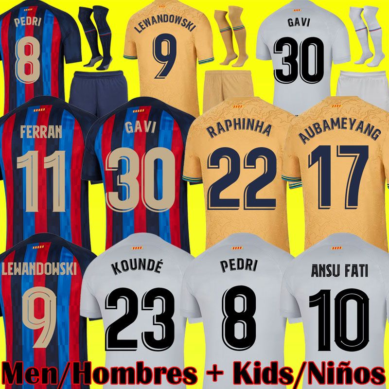 

FC BARCA soccer jerseys Barcelona football shirts MEMPHIS LEWANDOWSKI camiseta de futbol AUBA PEDRI ANSU FATI COUTINHO F.DE JONG DEST GAVI ADAMA men kids kits 1314, Away kids