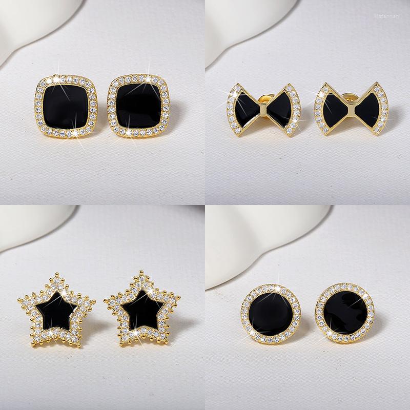 

Stud Earrings 24K Gold Lab Black Agate Diamond Earring Real Silver Color Party Wedding For Women Men Engagement Jewelry