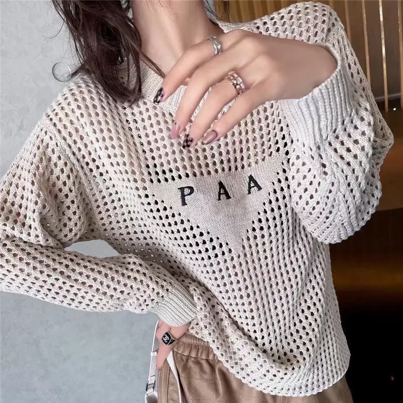 Mode Femmes Designers Pradas Poitrine Lettre Pull Brodé Creux Tricot Mince À Manches Longues Prad Résille Lâche Tricot Casual Top