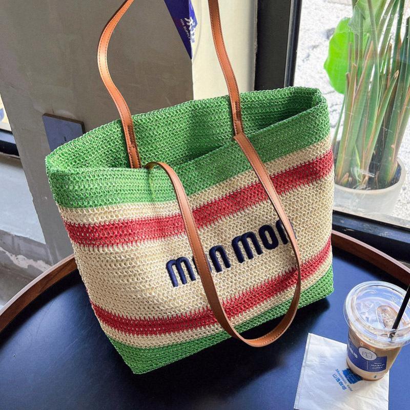

Shoulder Bags Vintage Bohemian Straw Bag For Women Summer Large Capacity Beach Handbag Rattan Handmade Travel Tote, Blue