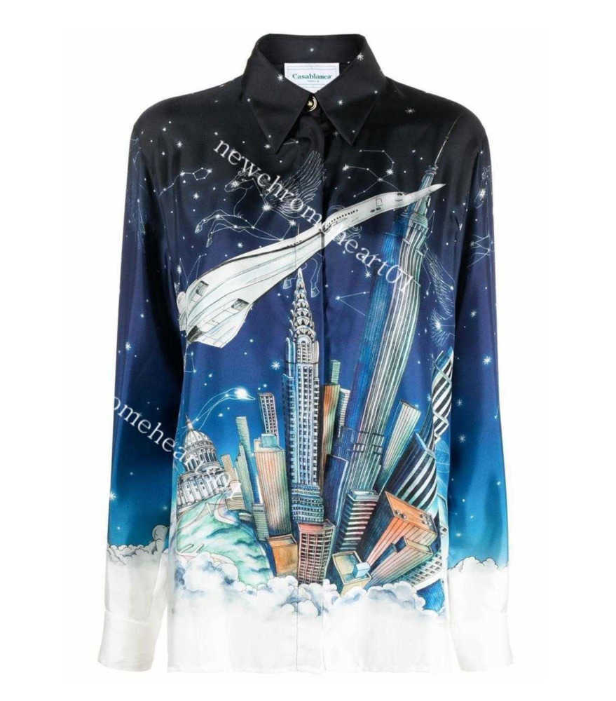 

Casablanca Men Designer Vol De Nuit Printed Silk Shirt Hawaii Designer Button Up Shirts, Blue