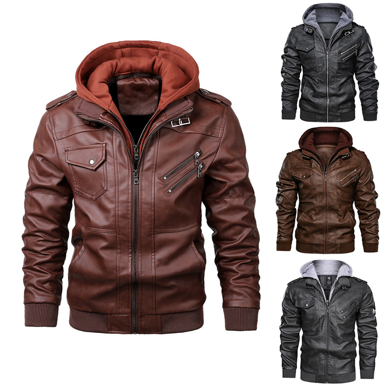 

Men Leather Jackets Autumn Casual Motorcycle PU Jacket Biker Leather hoodie Coats Clothing, Black