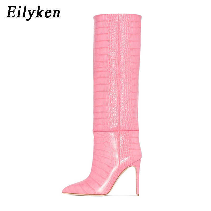 Boots Eilyken Candy Colors Crocodile Leather Women KneeHigh Boots High Heels Autumn Winter Motorcycle Long Booties Strippers Shoes L26816