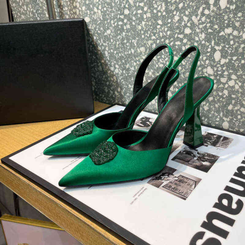 

Dress Shoes La Medusa embellished Rhinestones Pointed Toes Pumps shoes high Heels satin sandals for women Luxury Designers Dress shoe Evening Slingback, Green