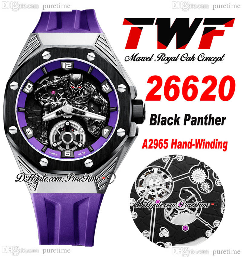 

TWF 42 A2965 Hand Winding Mens Watch Tourbillon Titanium Steel Case Ceramic Bezel 3D Black Panther Dial Purple Rubber Strap 2022 Super Edition Watches Pureitme C3, Enhanced waterproofing service