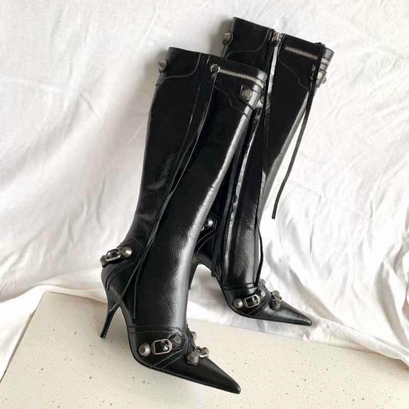 

Boots Cagole Martin Boot Booties Shoes Leather Knee High Designer Woman Fashion Rivets Pointed Toe Black Luxurious Long