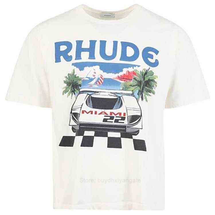 

Rhude short sleeve formula racing t shirt Miami station tide brand theme print American high street loose short sleeve T-shirt tide f1 fan tops, Beige