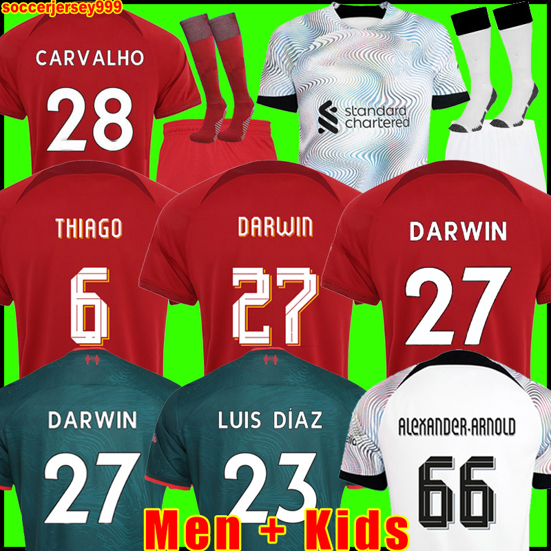 

22 23 soccer jerseys home away 3rd DARWIN 2022 2023 Mohamed Diogo Luis DIaz Alexander Arnold football kit tops shirts men kids uniform, 22/23 kids away + socks