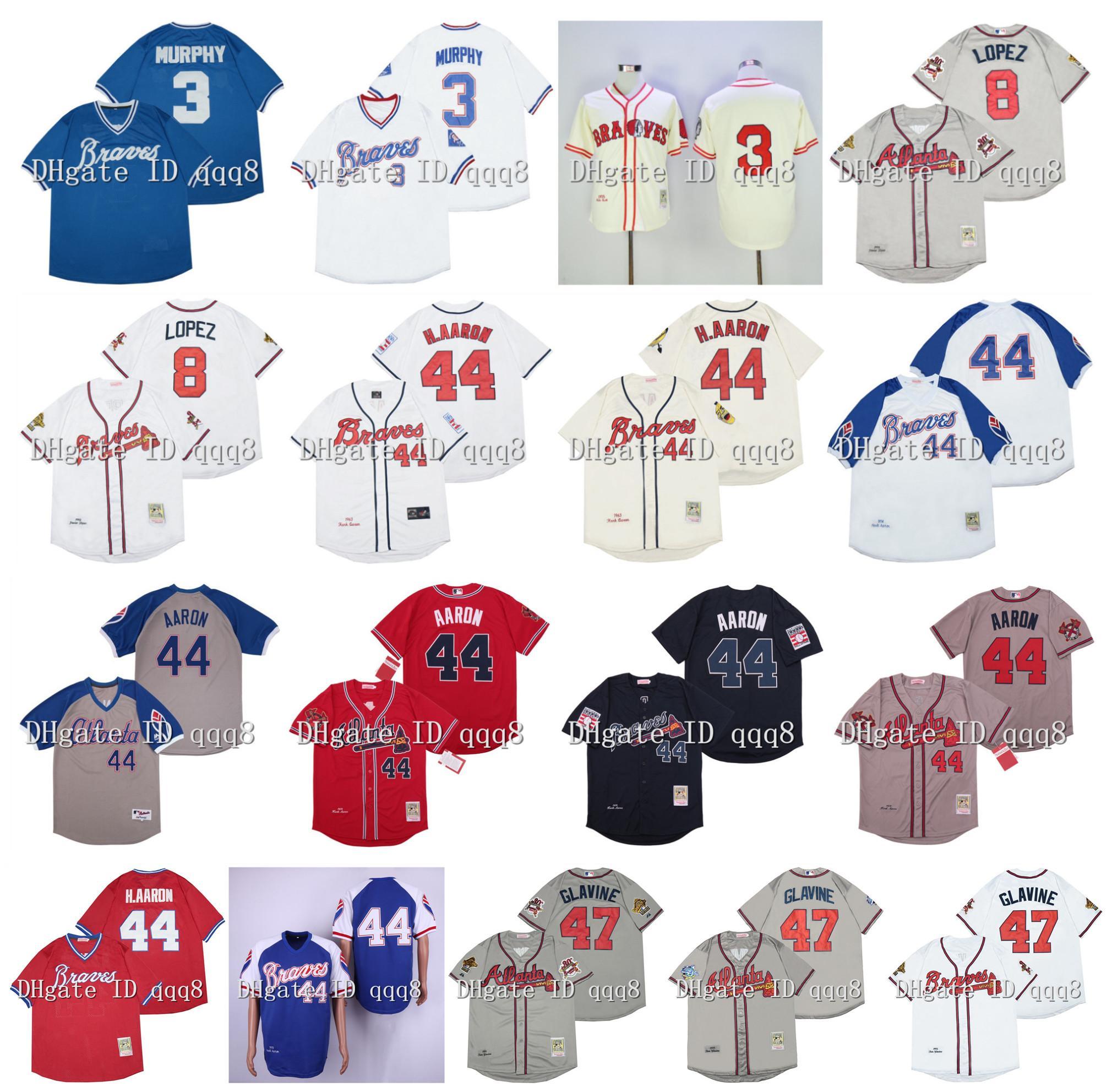 

baseball Vintage Atlanta 3 Dale Murphy 8 Javy Lopez 44 Hank Aaron 47 Tom Glavine White Grey Retro Baseball Jerseys, As pic
