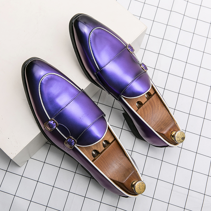 Mocassins élégants hommes chaussures couleur unie brillant PU pointu moine Double boucle affaires décontracté fête de mariage quotidien AD212