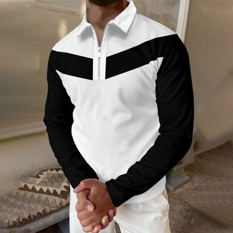 Men's Polos New autumn tee 2xl 3xl shirts mens long sleeve lapel black white colorblock loose polos luxury man polo shirt Fashion