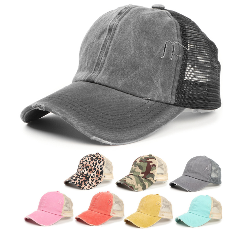 Casque de baseball en denim lav← de la mode Breffe de l←opard camouflage camouflage effiloch← Camouflage Mesh Men and Women Pony Ponyton Open Pea