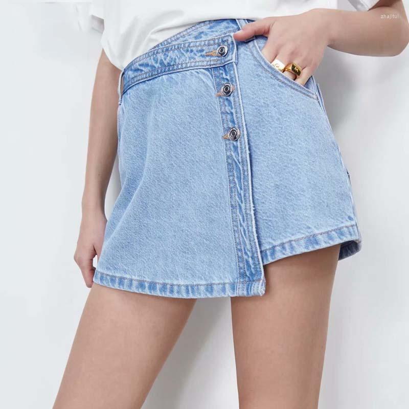

Women's Shorts Women's DOUJILI Summer Denim Skirt Buttons Pockets Female Retro Asymmetrical Casual For Women Girls, Black