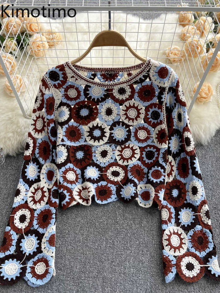 Women's Sweaters Kimotimo Design Crochet Hollow Knitted Sweater Women 2022 New Round Neck Fashion Crop Top French Loose Long Sleeve Y2k Swea