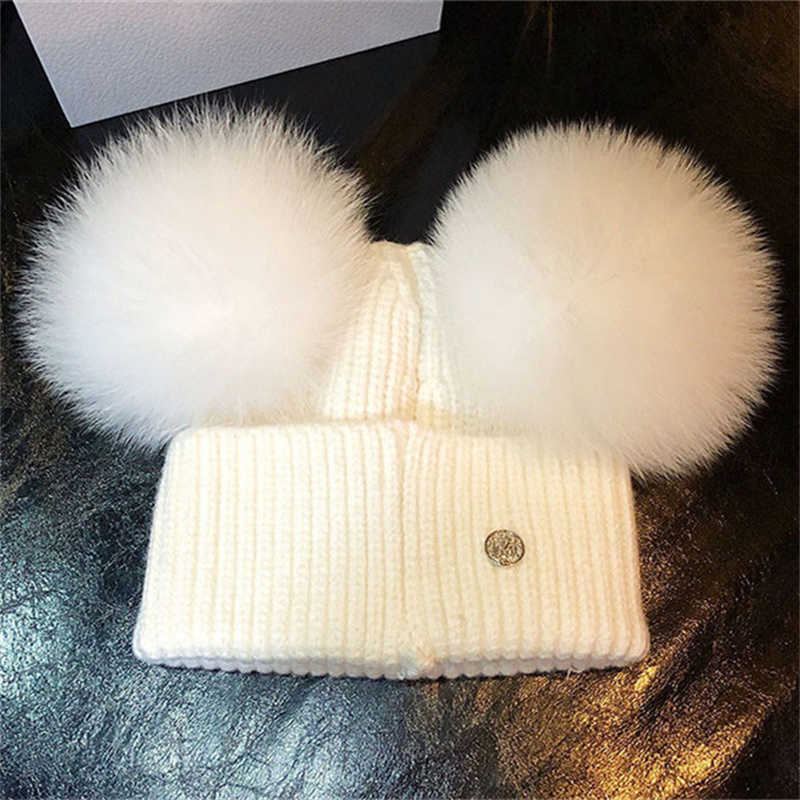 

Beanie/Skull Caps women #39s winter real fox fur wool knit baby cap beanie with 2 two double pom poms pompom ears funny hat 0924, Beige