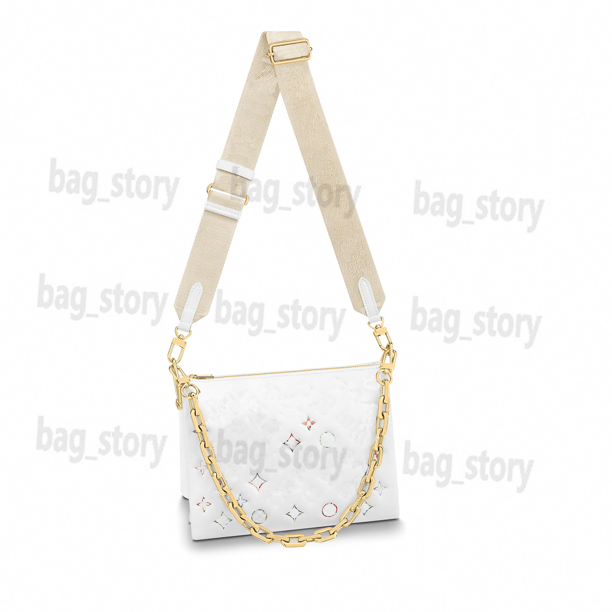 

Coussins PM Bag Leather Discreet Floral Pattern Lady Cosmetic Bags Embossed Monos Women Colorful Letter Handbag Wide Strap Shoulderbag Cross Body Purse M21353