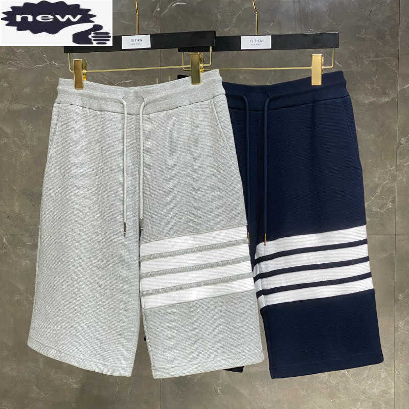 

New 2021 Fashion Tb Thom Brand Casual Shorts Men Summer Cotton Sports Trousers Waffle Striped Tracksuit Bottoms Jogger Track Pants, Gray