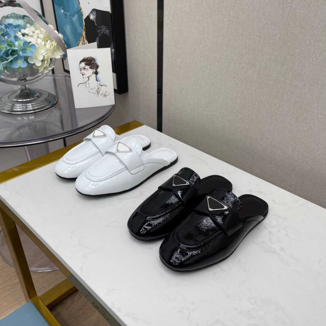 

Triangle label half trailer Muller slippers imported patent leather rubber sole Pradas flat bottomed women's Baotou shoes, Black