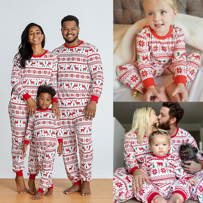 

Autumn winter new home wear pajamas European and American Christmas print long sleeve casual parent-child set, Red