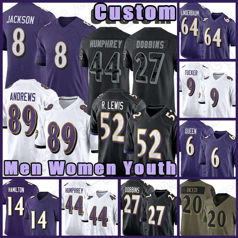 

8 Lamar Jackson 89 Mark Andrews Football Jersey Ray Marlon Humphrey Lewis David Ojabo Ed Reed Patrick Queen Baltimores Raven Kyle Hamilton Justin Tucker J.K. Dobbins, Custom women(w y)