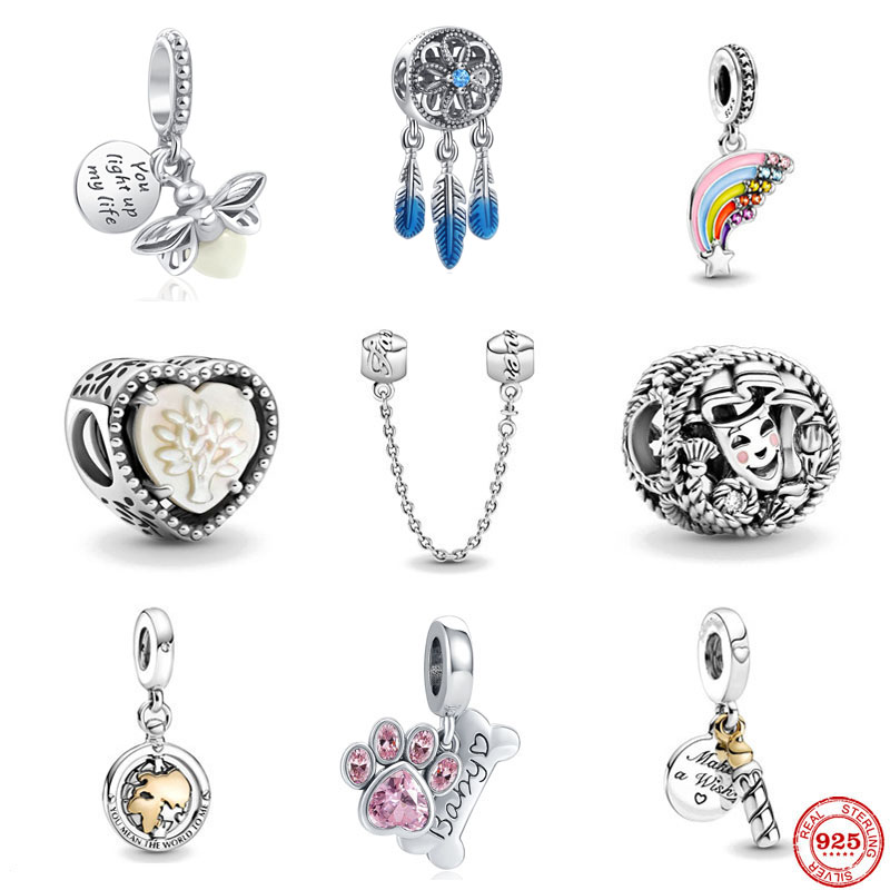 

925 Silver Fit Pandora Charm 925 Bracelet NEW Glow-in the dark Firefly Dangle Blue Dreamcatcher Family charms set Pendant DIY Fine Beads Jewelry