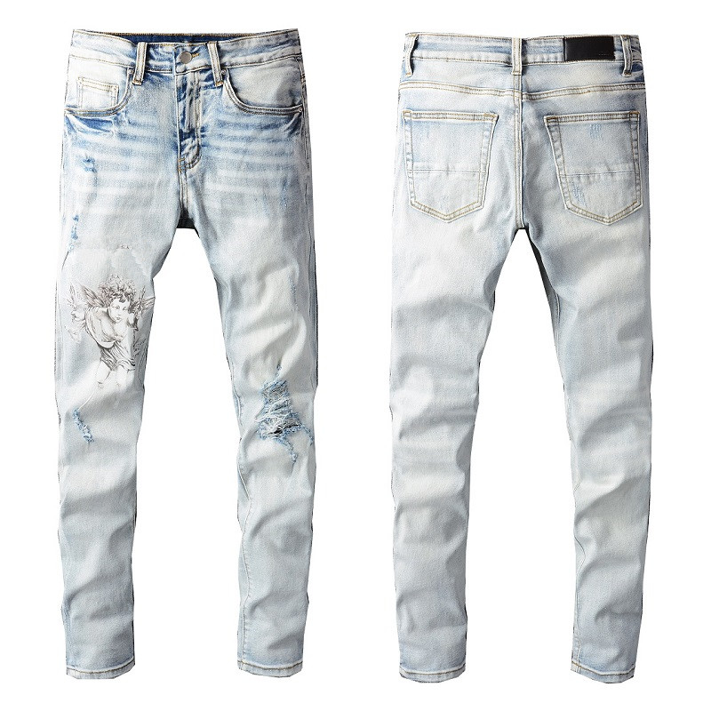 

Men's Jeans Distressed Shredded Letters Print Men's Women's Fashion Pants, 08