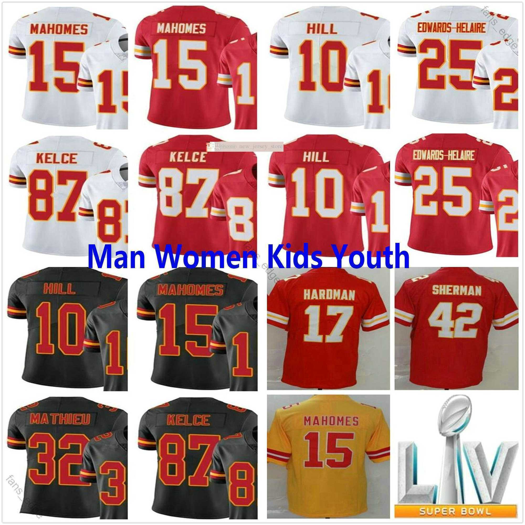 

Mens jersey tees Men Woman Kids Youth 15 Patrick Mahomes 25 Clyde Edwards-Helaire 87 Travis Kelce 10 Tyreek Hill 32 Tyrann Mathieu Stitched, As picture
