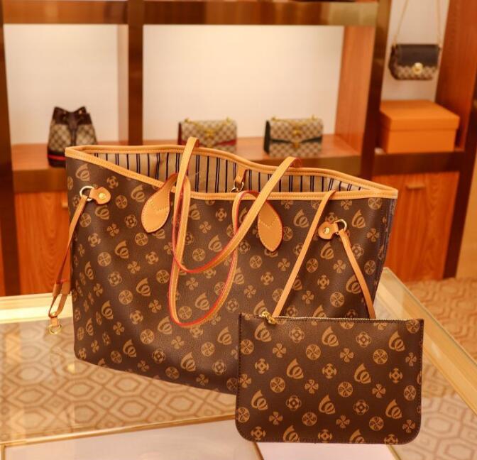 

2pcs High quality women handbags ladies designer composite bags lady clutch bag shoulder tote female purse wallet handbag A1, Brown flower with wallet