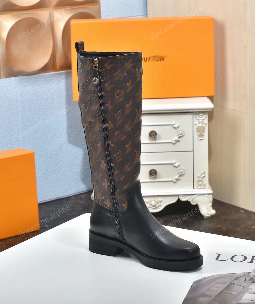 

2023 New fashion black motorcycle speed knitted printed leather Martin boots elastic cloth sleeve boots