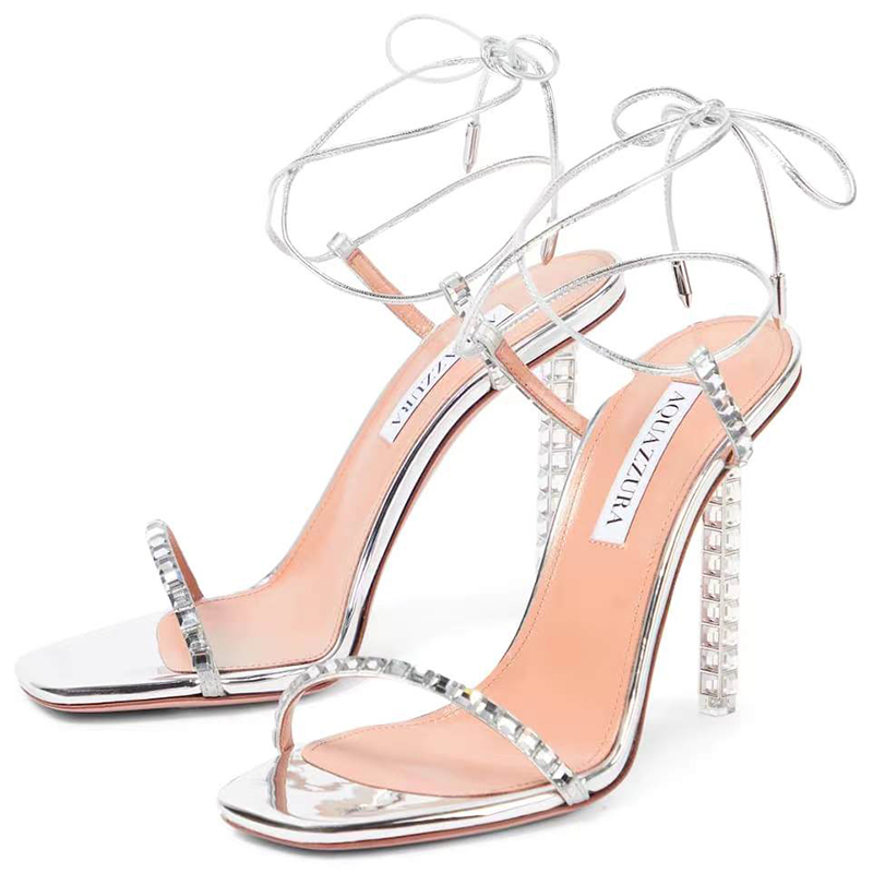 AQUAZZURA Diamond High Heel Sandals Leather Crystal Decoration 10.5CM SlimHigh Heels Luxury Designer Wedding Shoes Women's Leggings Lace up Dress Shoes