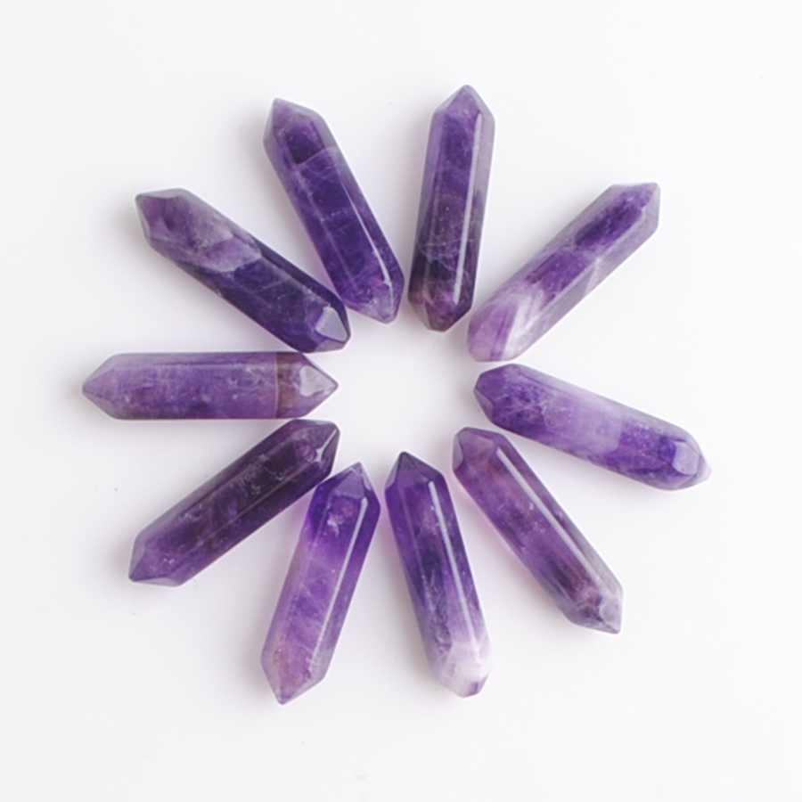 

Wholesale Loose Gemstones Hexagonal Healing Pointed Reiki Chakra Natural Amethysts stone 30x8mm No Drilling Hole Pendant Beads U3306