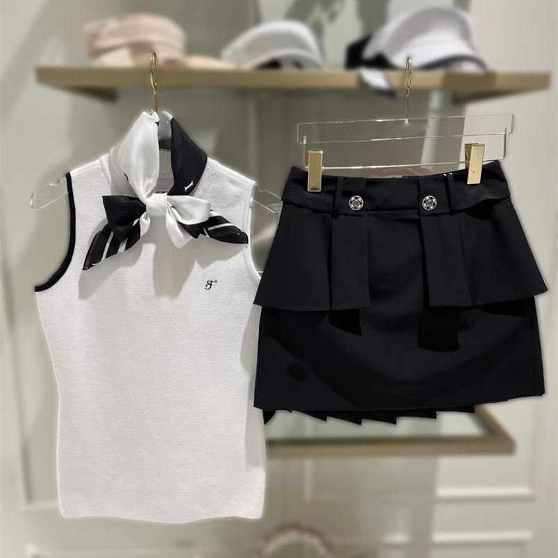 

Golf T-Shirts summer sleeveless golf knitwear with scarf ladies wear stretch fashion top round neck knitted shirt apparel 220923, White