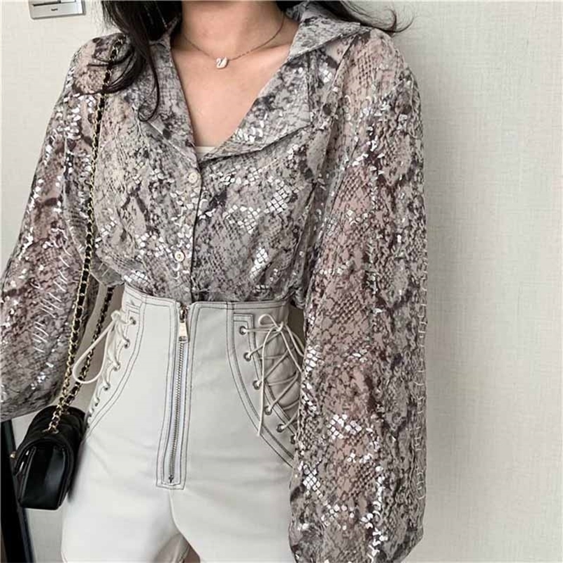 Women's Blouses Shirts Snake Print Sequined Blouse Glitter Ladies Top Long Sleeve Button Down Shirt For Women Autumn Blouse Korean Fashion S