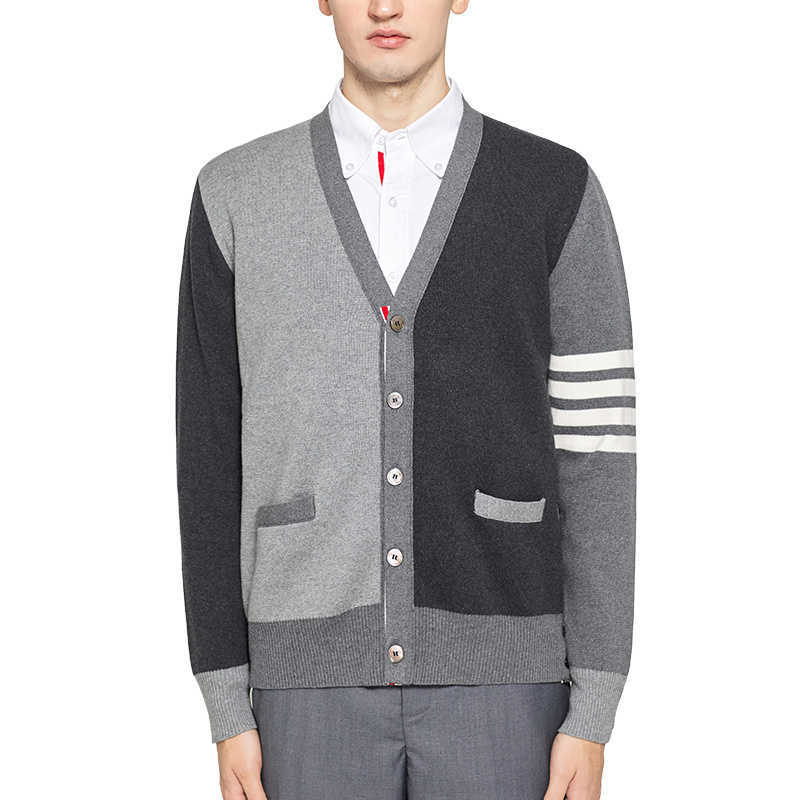 

New Tb 2021 Thom Fashion Brand Sweaters Men Slim V-neck Cardigans Clothing Patchwork Striped Wool Autumn Winter Casual Coat, Red