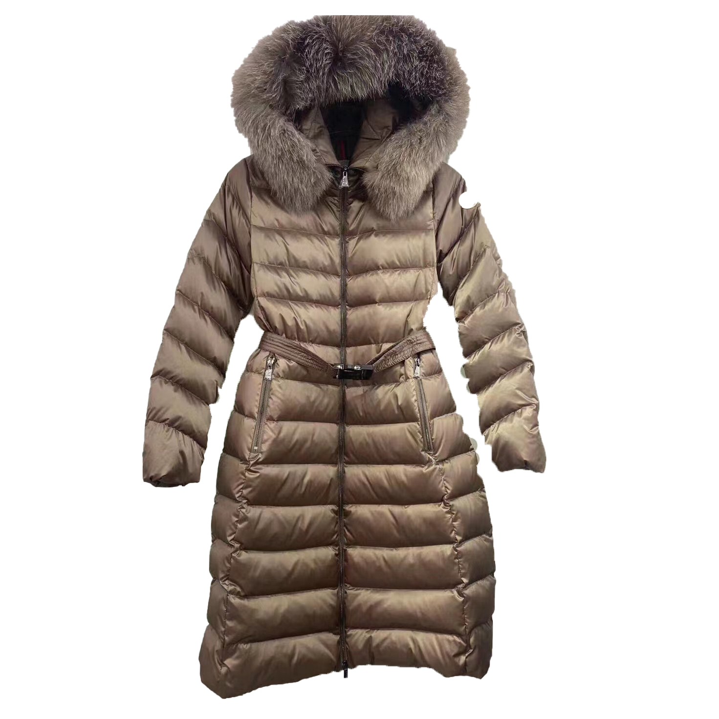 

Designer Women' Down and Parka Long Over-the-knee Waist Slim Fit Thin Big Fox Fur Collar Hooded Embroidered Badge Jacket Ladies Style, Silver